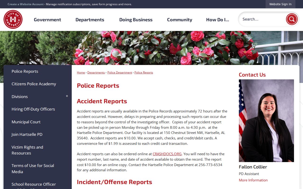 Hartselle criminal history police report fees and request channel